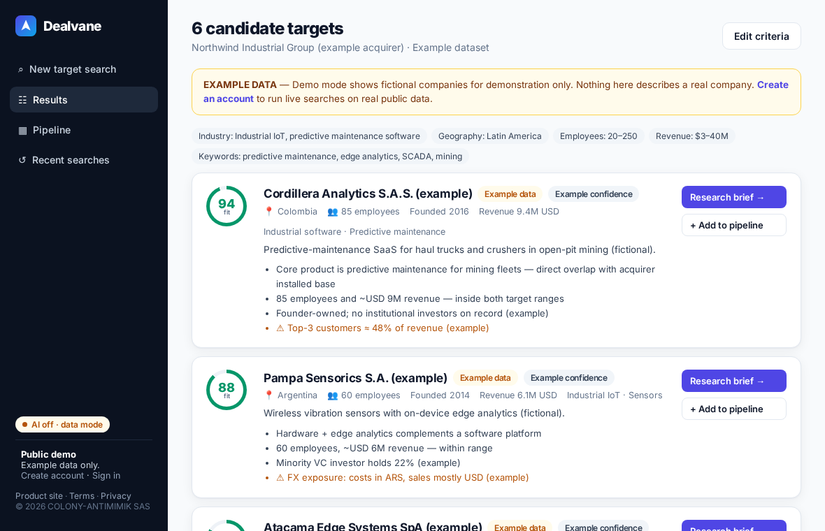 Dealvane results screen showing ranked acquisition targets with fit scores